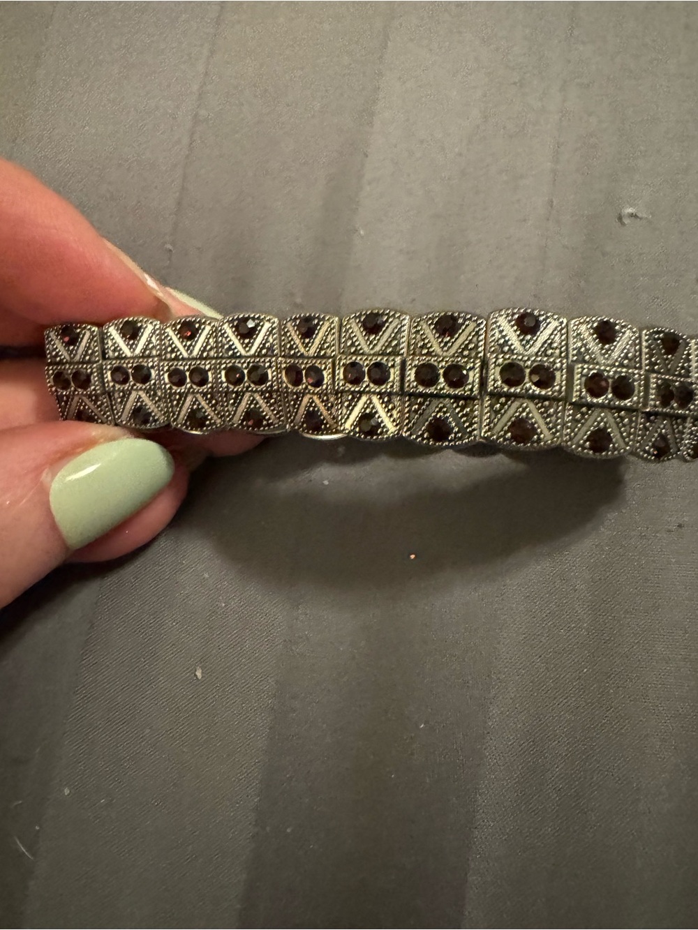 Silver-Tone elastic stretch Bracelet with Deep Black Stones.